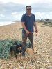 Gordon with Harley and Lottie, enjoying a walk on the beach at  Deal in Kent, on their way from Alora in S.Spain to Newtonmore in The Gairngorms in Scotland.